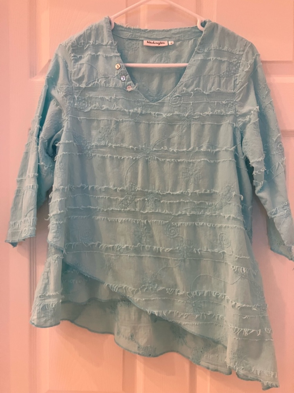 Patchington Light Blue Frayed-Trim Asymmetrical tunic